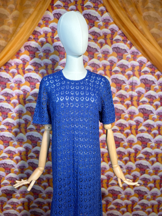 1960s Vintage Blue Knit Lurex Crochet Dress