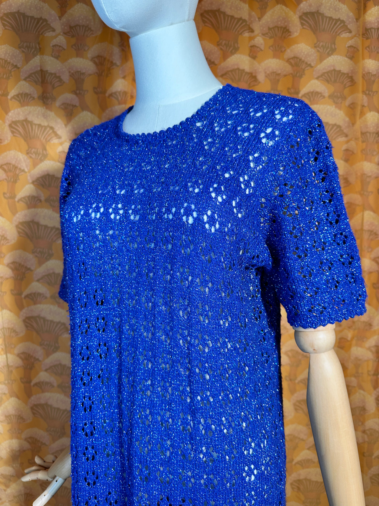 1960s Vintage Blue Knit Lurex Crochet Dress