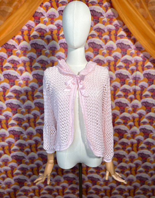 Vintage Coquette Pink Open Knit Cardigan with Bow Detail