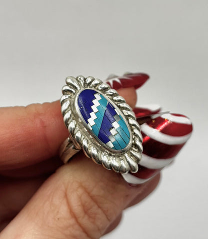 Vintage Sterling Silver Mosaic Ring with Turquoise and Lapis, Size P1/2