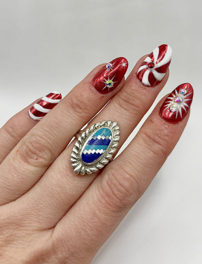 Vintage Sterling Silver Mosaic Ring with Turquoise and Lapis, Size P1/2