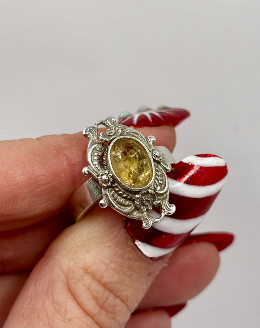 Vintage Sterling Silver Ornate Ring with Citrine, Size O