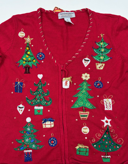 Vintage Christmas Tree Zip Up Cardigan