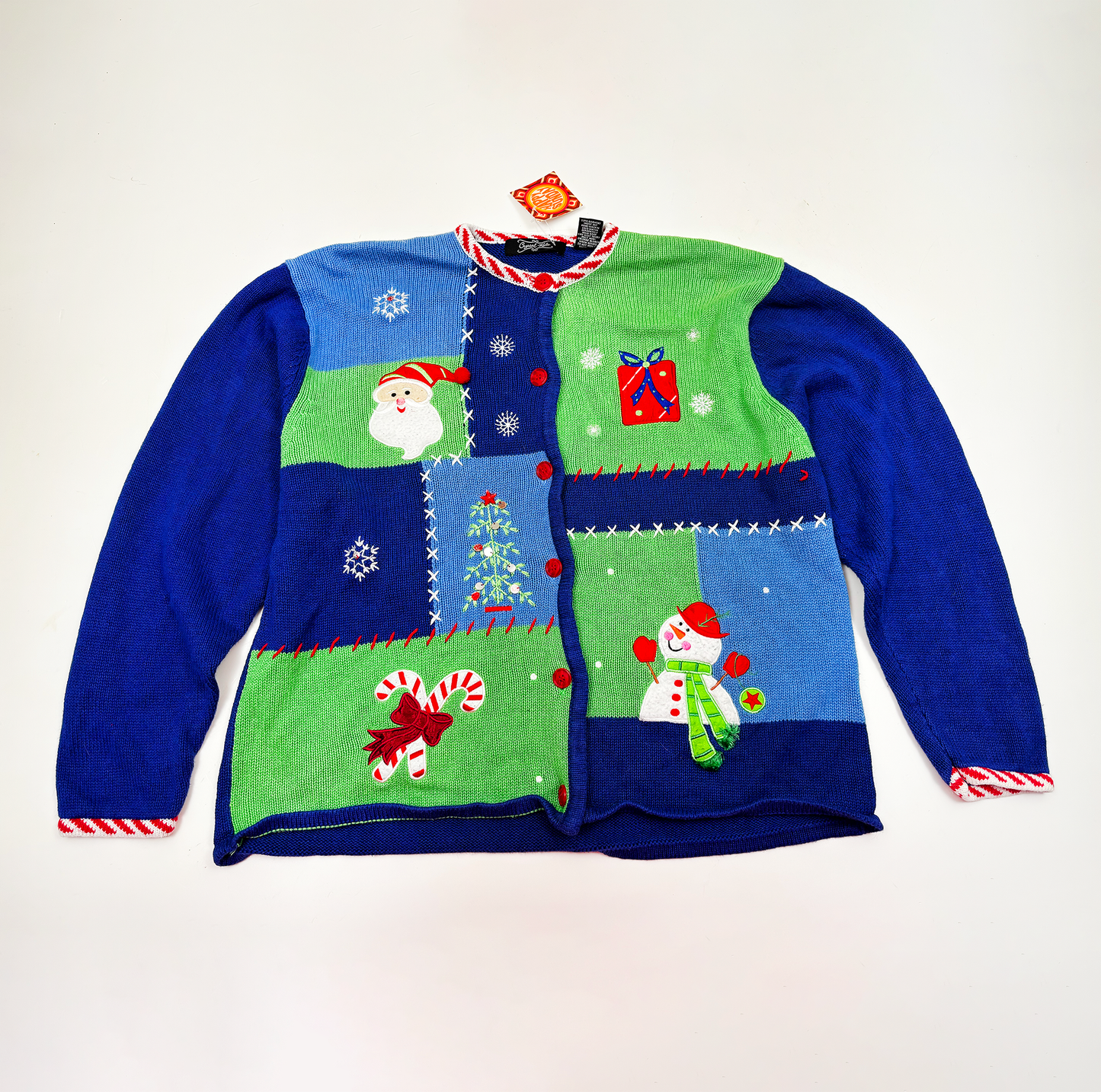 Vintage Christmas Knit Cardigan in Blue & Green