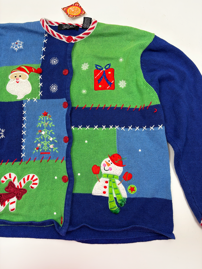 Vintage Christmas Knit Cardigan in Blue & Green