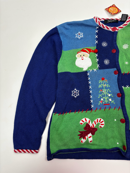Vintage Christmas Knit Cardigan in Blue & Green