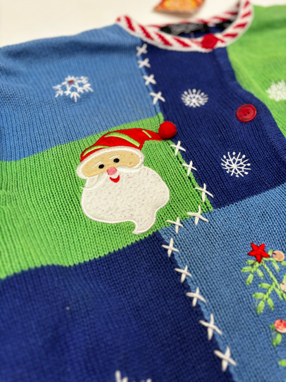 Vintage Christmas Knit Cardigan in Blue & Green