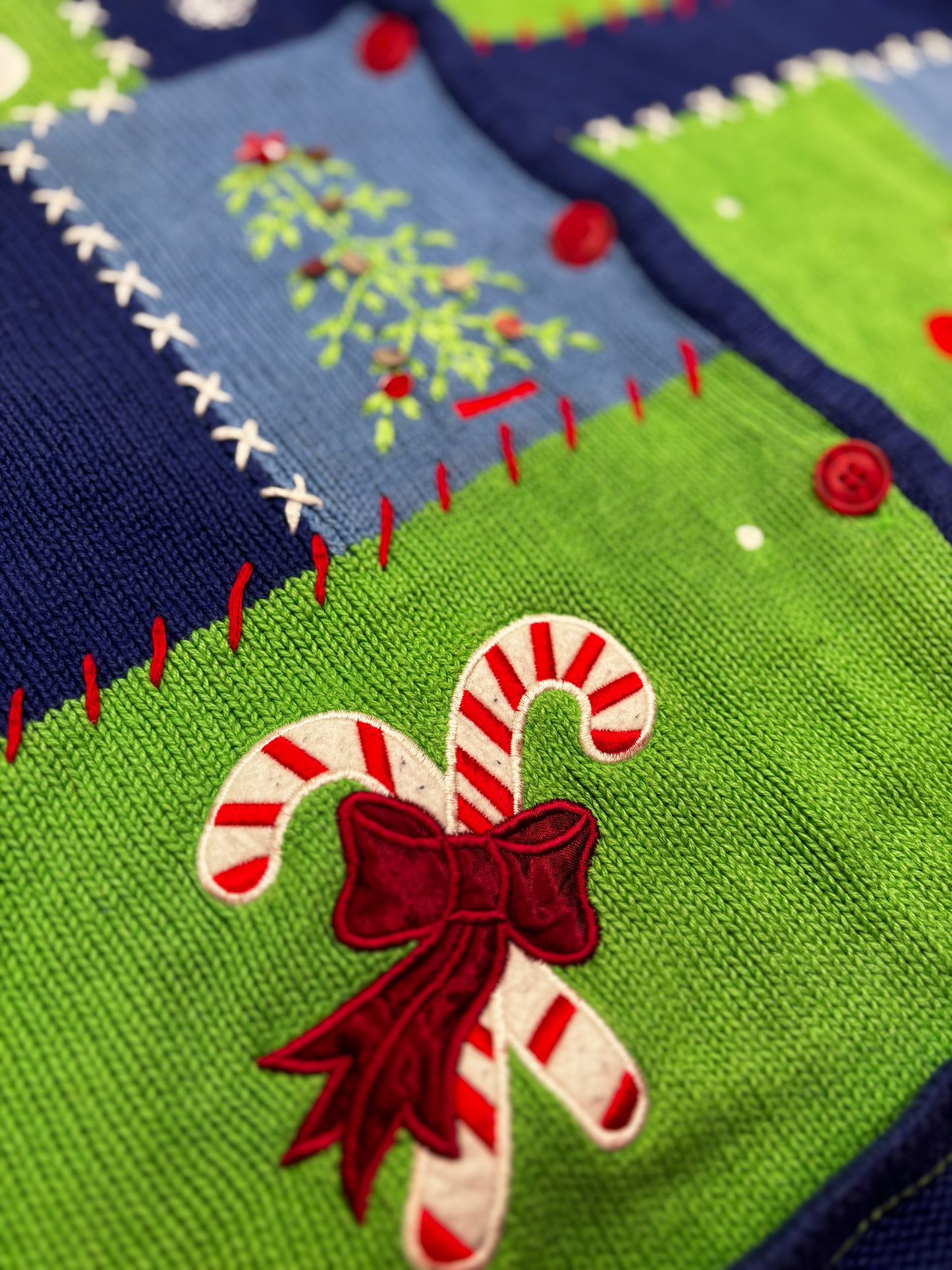 Vintage Christmas Knit Cardigan in Blue & Green