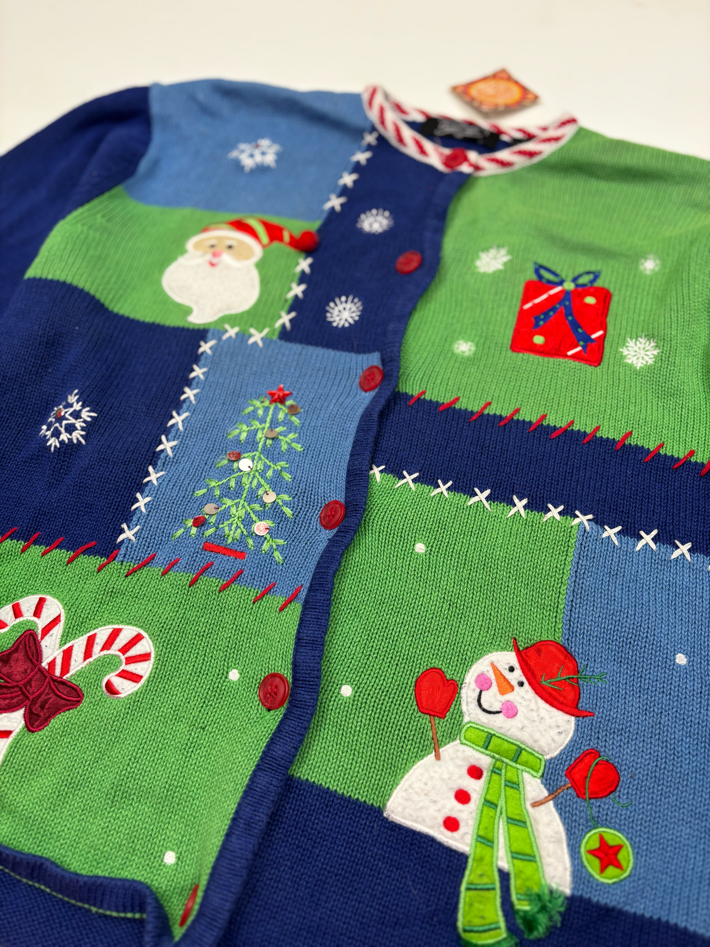 Vintage Christmas Knit Cardigan in Blue & Green