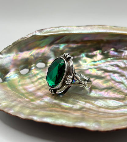 Vintage Sterling Silver Ring with Large Green Stone, Size L