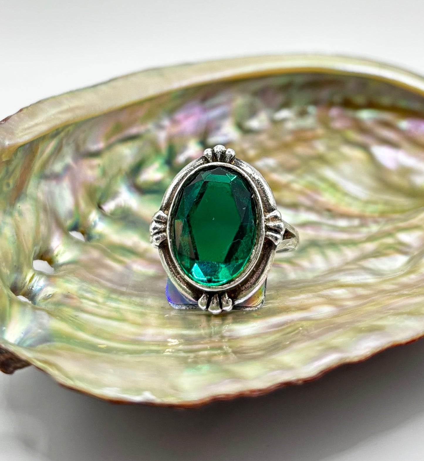 Vintage Sterling Silver Ring with Large Green Stone, Size L