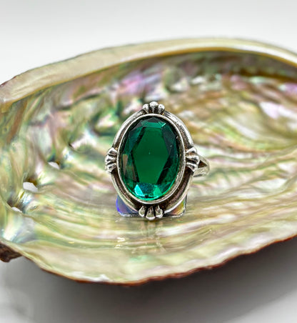 Vintage Sterling Silver Ring with Large Green Stone, Size L