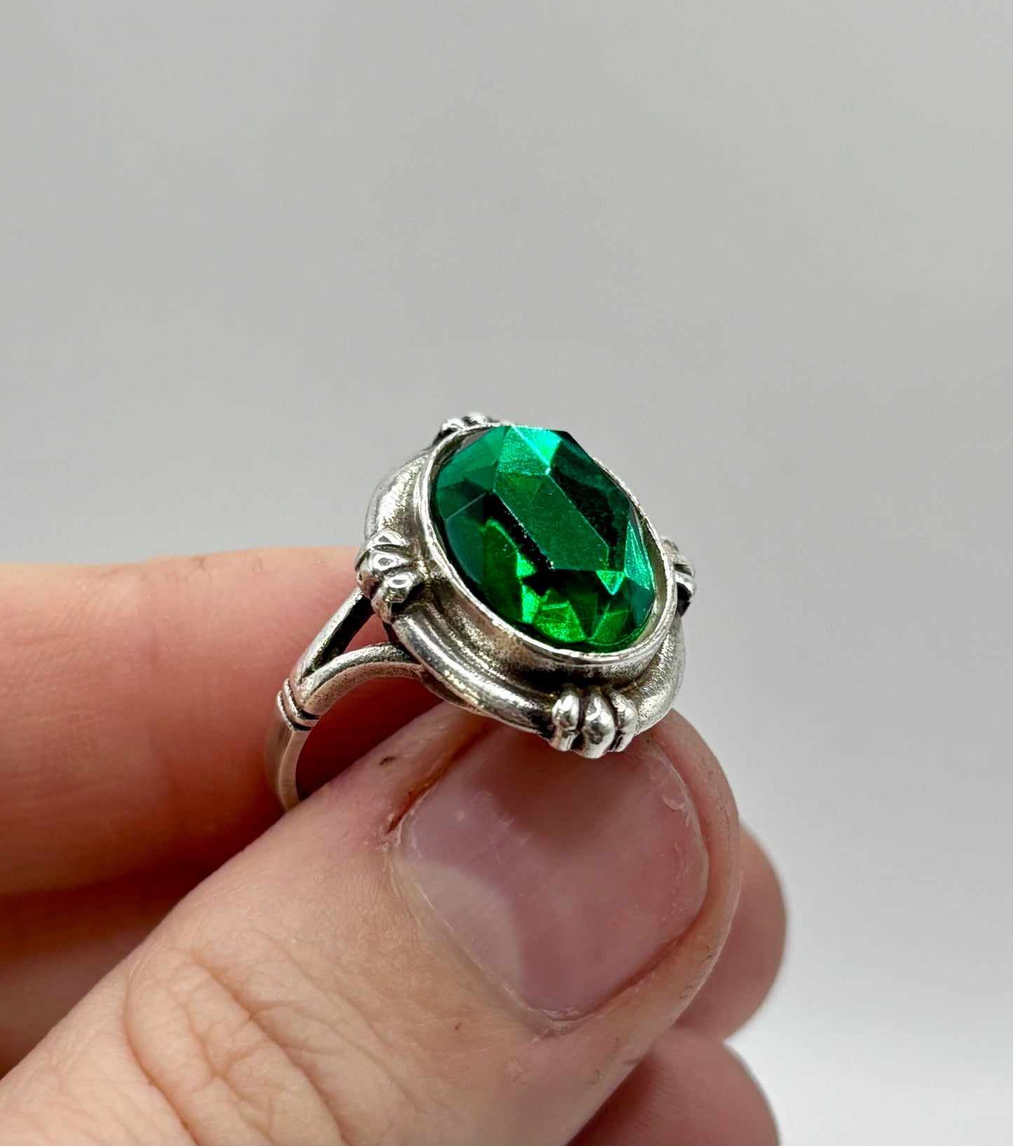 Vintage Sterling Silver Ring with Large Green Stone, Size L