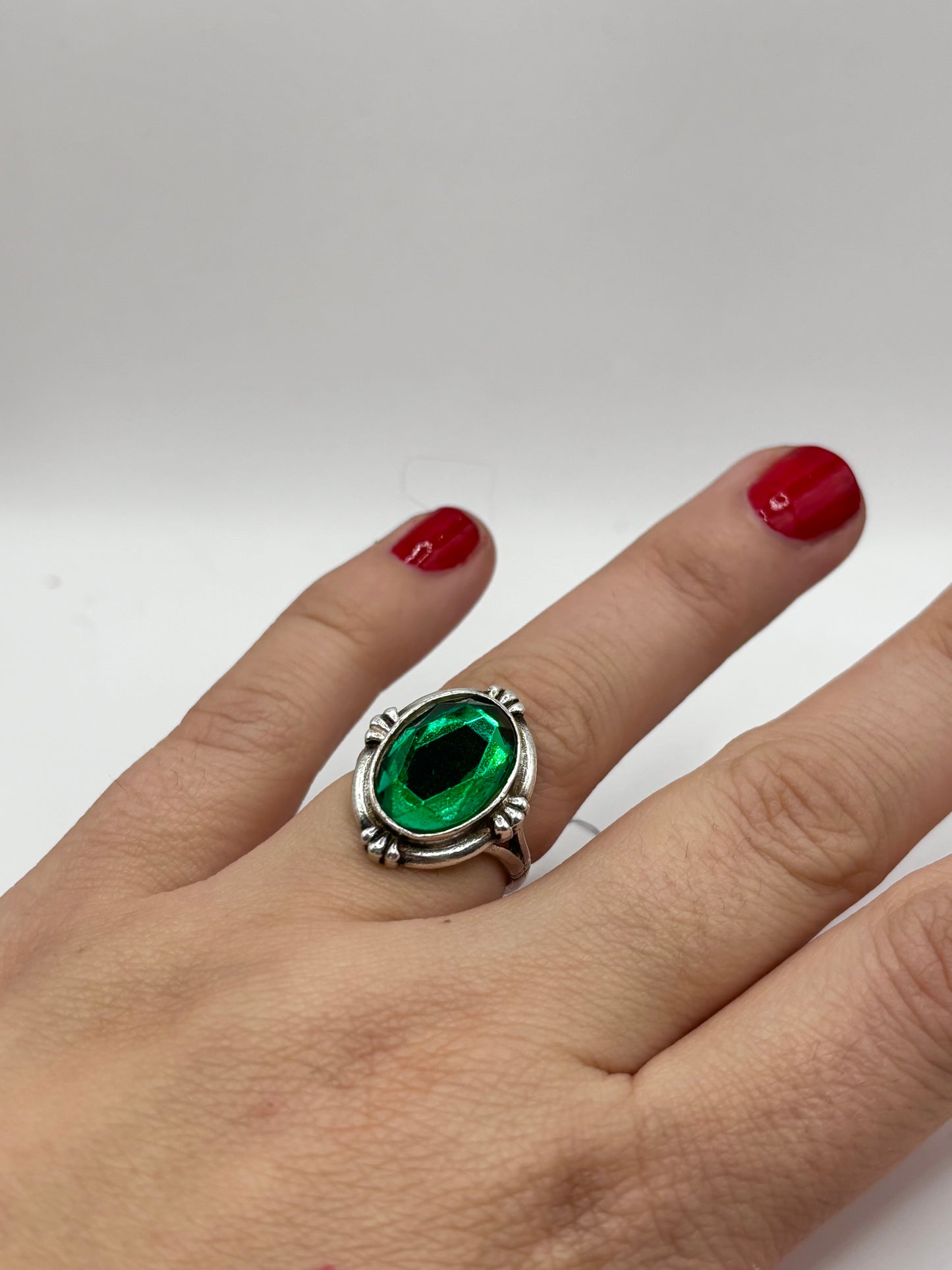 Vintage Sterling Silver Ring with Large Green Stone, Size L