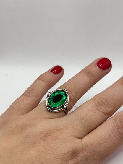 Vintage Sterling Silver Ring with Large Green Stone, Size L