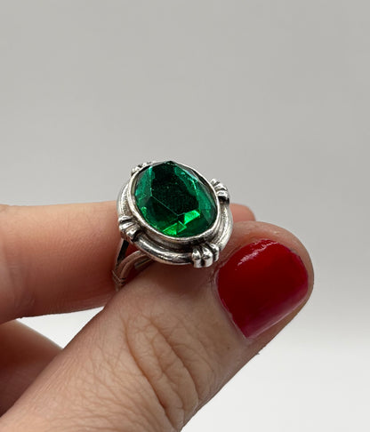 Vintage Sterling Silver Ring with Large Green Stone, Size L