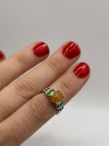 Vintage Sterling Silver Ring, with Green and Yellow stones, size UK J