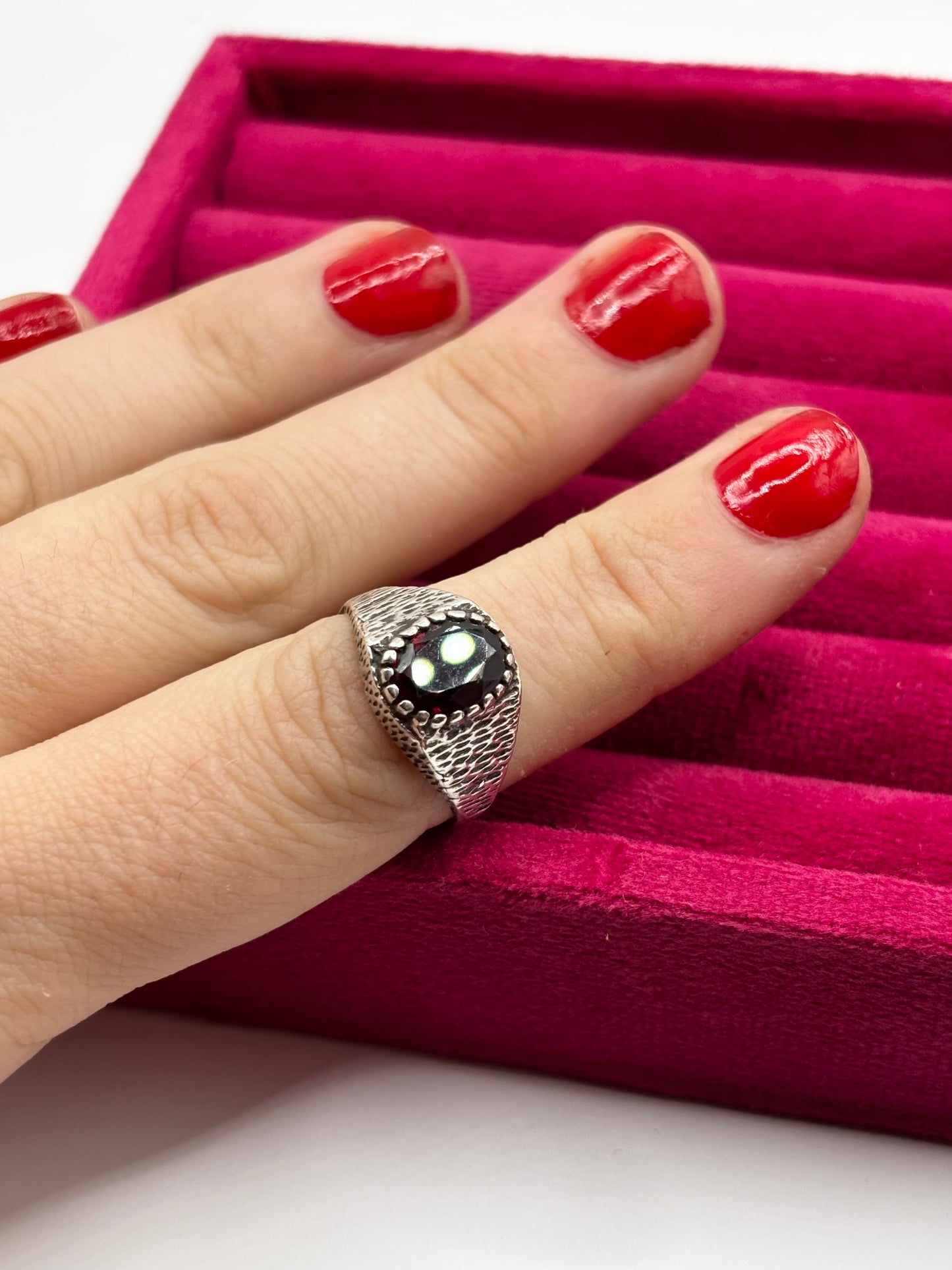 Vintage Sterling Silver Signet Ring with Garnet, size M1/2