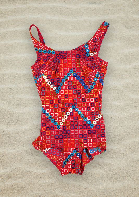 Vintage 70s Swimsuit in Red Square Print