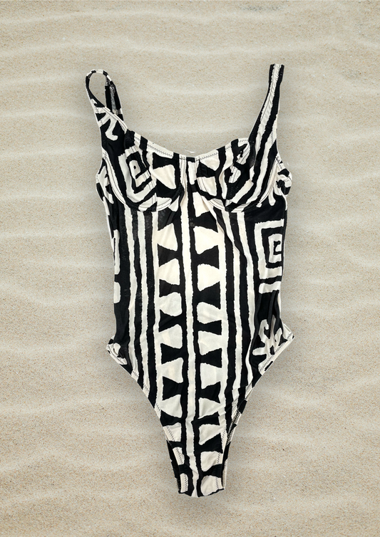 Vintage Swimsuit with Bust Cups in Black and White Print