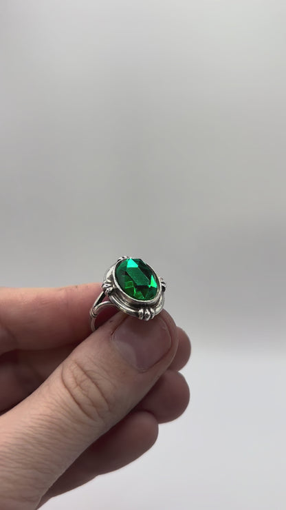 Vintage Sterling Silver Ring with Large Green Stone, Size L