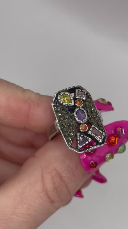 Vintage Sterling Silver Multi-Gem Colourful Ring, size P