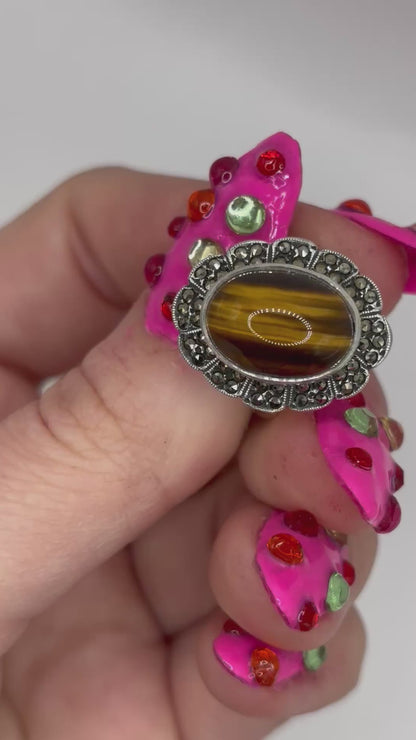 Vintage Sterling Silver Tigers Eye Ring with Marcasites, size L